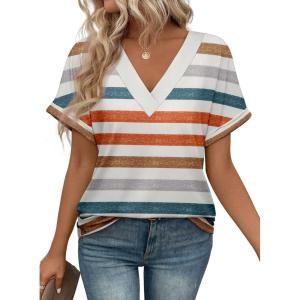 imageATHMILE V Neck T Shirts for Women Summer Tops Soft Casual Short Sleeve Cute Basic Trendy Outfits 2025Striped Orange