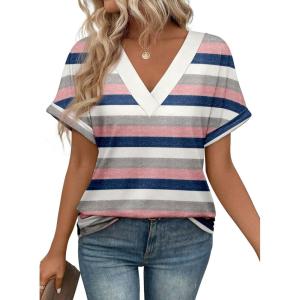 imageATHMILE V Neck T Shirts for Women Summer Tops Soft Casual Short Sleeve Cute Basic Trendy Outfits 2025Striped Pink