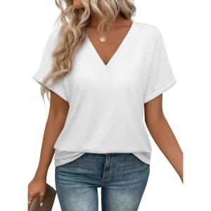imageATHMILE V Neck T Shirts for Women Summer Tops Soft Casual Short Sleeve Cute Basic Trendy Outfits 2025White