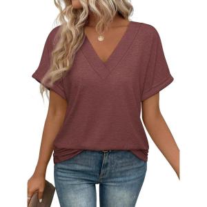 imageATHMILE V Neck T Shirts for Women Summer Tops Soft Casual Short Sleeve Cute Basic Trendy Outfits 2025Wine Red