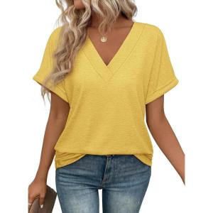 imageATHMILE V Neck T Shirts for Women Summer Tops Soft Casual Short Sleeve Cute Basic Trendy Outfits 2025Yellow