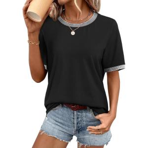 imageATHMILE Womens Short Sleeve Tops Striped Color Block T Shirts Summer Crewneck Loose Casual Tee 2025Black