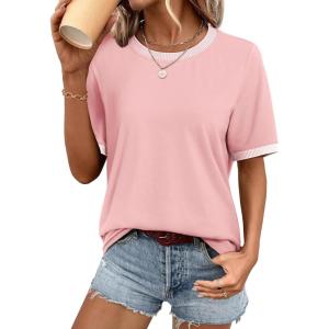 imageATHMILE Womens Short Sleeve Tops Striped Color Block T Shirts Summer Crewneck Loose Casual Tee 2025Light Pink