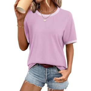 imageATHMILE Womens Short Sleeve Tops Striped Color Block T Shirts Summer Crewneck Loose Casual Tee 2025Lilac