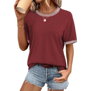 imageATHMILE Womens Short Sleeve Tops Striped Color Block T Shirts Summer Crewneck Loose Casual Tee 2025Wine Red