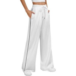 imageATHMILE Womens Wide Leg Sweatpants Baggy Sweat Pants with Pockets High Waisted Track Drawstring Fashion JoggersWhite