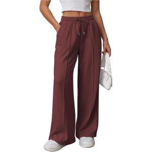 imageATHMILE Womens Wide Leg Sweatpants High Waisted Baggy Pants Fashion Teen Girl Drawstring Athletic JoggersWine Red