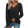 imageATHMILE Long Sleeve T Shirts for Women Lace V Neck Casual Cute Tops Loose Fit Fall Winter Basic ClothingBlack