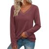 imageATHMILE Long Sleeve T Shirts for Women Lace V Neck Casual Cute Tops Loose Fit Fall Winter Basic ClothingWine Red