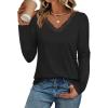 imageATHMILE Long Sleeve T Shirts for Women Lace V Neck Casual Cute Tops Loose Fit Fall Winter Basic ClothingBlack