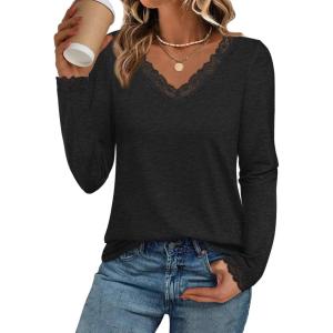imageATHMILE Long Sleeve T Shirts for Women Lace V Neck Casual Cute Tops Loose Fit Fall Winter Basic ClothingBlack