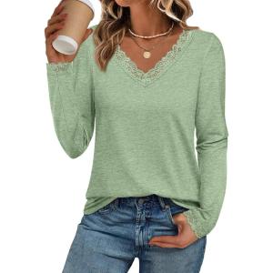 imageATHMILE Long Sleeve T Shirts for Women Lace V Neck Casual Cute Tops Loose Fit Fall Winter Basic ClothingLight Green