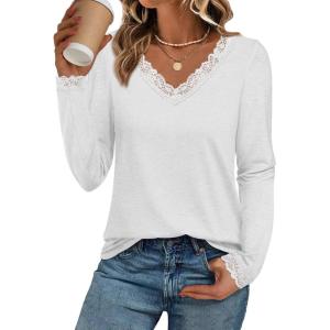 imageATHMILE Long Sleeve T Shirts for Women Lace V Neck Casual Cute Tops Loose Fit Fall Winter Basic ClothingWhite