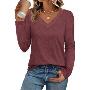 imageATHMILE Long Sleeve T Shirts for Women Lace V Neck Casual Cute Tops Loose Fit Fall Winter Basic ClothingWine Red