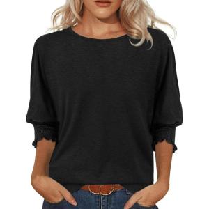 imageATHMILE Womens Blouses 34 Length Sleeve Womens Tops Batwing Sleeve Shirts for Women Trendy Dressy Casual Business Tees 2025Black