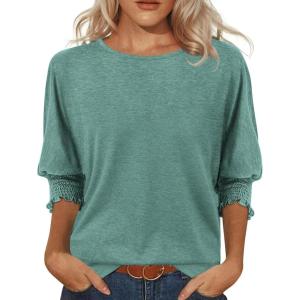imageATHMILE Womens Blouses 34 Length Sleeve Womens Tops Batwing Sleeve Shirts for Women Trendy Dressy Casual Business Tees 2025Blue Green