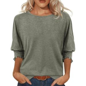 imageATHMILE Womens Blouses 34 Length Sleeve Womens Tops Batwing Sleeve Shirts for Women Trendy Dressy Casual Business Tees 2025Grey