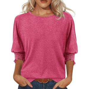 imageATHMILE Womens Blouses 34 Length Sleeve Womens Tops Batwing Sleeve Shirts for Women Trendy Dressy Casual Business Tees 2025Rosered