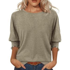 imageATHMILE Womens Blouses 34 Length Sleeve Womens Tops Batwing Sleeve Shirts for Women Trendy Dressy Casual Business Tees 2025Simplytaupe