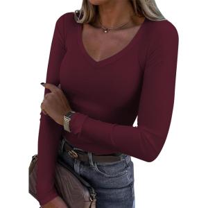 imageATHMILE Womens Fall Deep V Neck Long Sleeve Shirts Modal Slim Fit Basic Tee Tops 2025Aburgundy