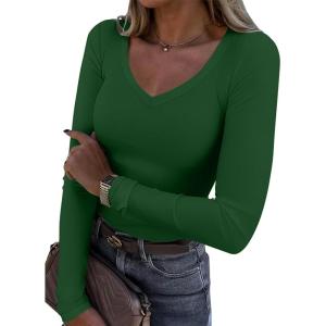imageATHMILE Womens Fall Deep V Neck Long Sleeve Shirts Modal Slim Fit Basic Tee Tops 2025Adark Green