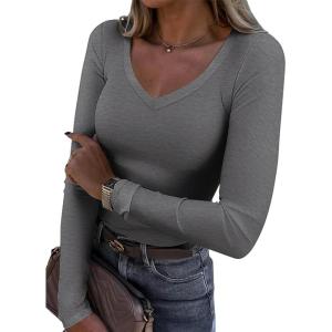 imageATHMILE Womens Fall Deep V Neck Long Sleeve Shirts Modal Slim Fit Basic Tee Tops 2025Agray