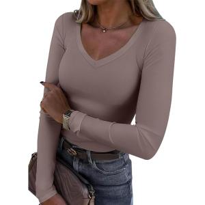 imageATHMILE Womens Fall Deep V Neck Long Sleeve Shirts Modal Slim Fit Basic Tee Tops 2025Alatte
