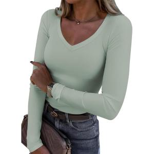 imageATHMILE Womens Fall Deep V Neck Long Sleeve Shirts Modal Slim Fit Basic Tee Tops 2025Alight Green