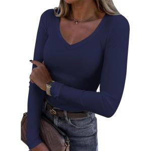 imageATHMILE Womens Fall Deep V Neck Long Sleeve Shirts Modal Slim Fit Basic Tee Tops 2025Anavy