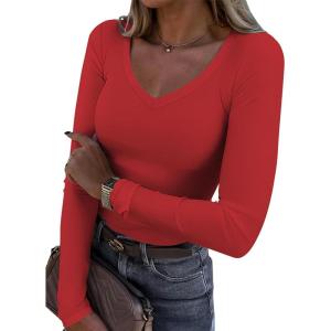 imageATHMILE Womens Fall Deep V Neck Long Sleeve Shirts Modal Slim Fit Basic Tee Tops 2025Ared