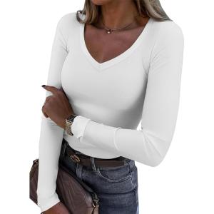 imageATHMILE Womens Fall Deep V Neck Long Sleeve Shirts Modal Slim Fit Basic Tee Tops 2025Awhite