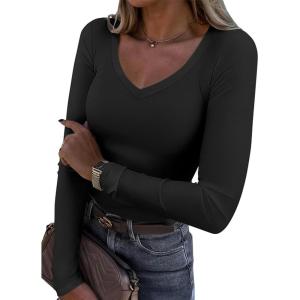 imageATHMILE Womens Fall Deep V Neck Long Sleeve Shirts Modal Slim Fit Basic Tee Tops 2025Bblack