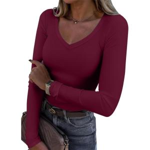 imageATHMILE Womens Fall Deep V Neck Long Sleeve Shirts Modal Slim Fit Basic Tee Tops 2025Bburgundy