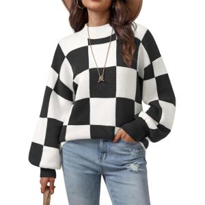 imageATHMILE Womens Fall Fashion Mock Neck Sweater Long Sleeve Plaid Ribbed Knit Loose Pullover Tops Trendy Office OutfitsBlackplaid