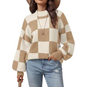 imageATHMILE Womens Fall Fashion Mock Neck Sweater Long Sleeve Plaid Ribbed Knit Loose Pullover Tops Trendy Office OutfitsKhakiplaid