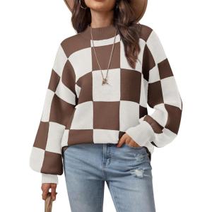 imageATHMILE Womens Fall Fashion Mock Neck Sweater Long Sleeve Plaid Ribbed Knit Loose Pullover Tops Trendy Office OutfitsMocha