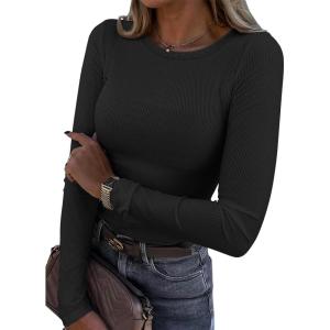 imageATHMILE Womens Long Sleeve Crewneck Ribbed Tops Fitted Stretch Casual Basic T Shirts 2025Ablack