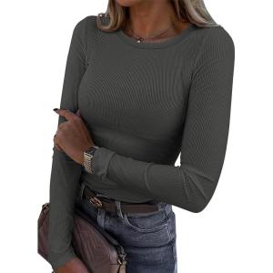 imageATHMILE Womens Long Sleeve Crewneck Ribbed Tops Fitted Stretch Casual Basic T Shirts 2025Acharcoal Grey