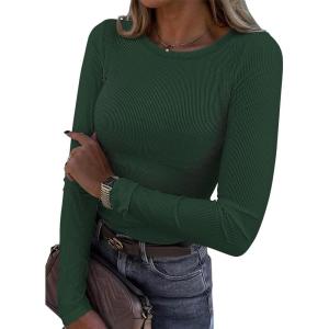 imageATHMILE Womens Long Sleeve Crewneck Ribbed Tops Fitted Stretch Casual Basic T Shirts 2025Adark Green