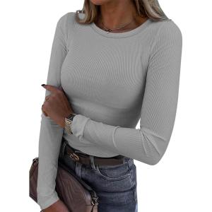 imageATHMILE Womens Long Sleeve Crewneck Ribbed Tops Fitted Stretch Casual Basic T Shirts 2025Agrey