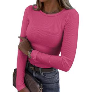 imageATHMILE Womens Long Sleeve Crewneck Ribbed Tops Fitted Stretch Casual Basic T Shirts 2025Ahot Pink
