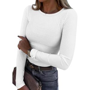 imageATHMILE Womens Long Sleeve Crewneck Ribbed Tops Fitted Stretch Casual Basic T Shirts 2025Awhite