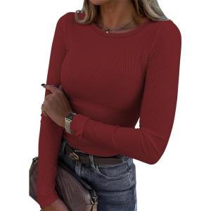imageATHMILE Womens Long Sleeve Crewneck Ribbed Tops Fitted Stretch Casual Basic T Shirts 2025Awine Red
