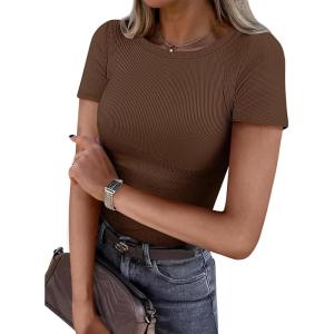 imageATHMILE Womens Long Sleeve Crewneck Ribbed Tops Fitted Stretch Casual Basic T Shirts 2025Bbrown