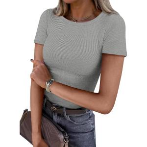 imageATHMILE Womens Long Sleeve Crewneck Ribbed Tops Fitted Stretch Casual Basic T Shirts 2025Bheather Grey