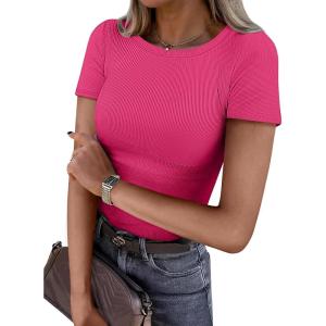 imageATHMILE Womens Long Sleeve Crewneck Ribbed Tops Fitted Stretch Casual Basic T Shirts 2025Bhot Pink