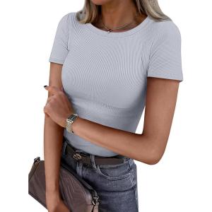 imageATHMILE Womens Long Sleeve Crewneck Ribbed Tops Fitted Stretch Casual Basic T Shirts 2025Blight Blue