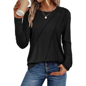 imageATHMILE Womens Long Sleeve Shirts Pleated Crew Neck Casual Fall Fashion Tops Loose Fit Lightweight Girls Outfits ClothesBlack