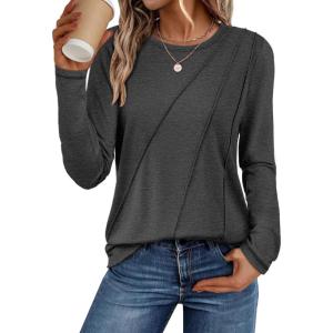 imageATHMILE Womens Long Sleeve Shirts Pleated Crew Neck Casual Fall Fashion Tops Loose Fit Lightweight Girls Outfits ClothesBlack Grey