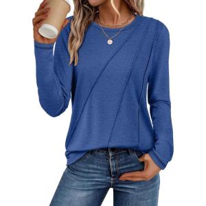 imageATHMILE Womens Long Sleeve Shirts Pleated Crew Neck Casual Fall Fashion Tops Loose Fit Lightweight Girls Outfits ClothesBlue